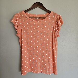 Loft Linen Shirt Womens M Orange Polka Dot Short Flounce Sleeve Ruffle Fairy